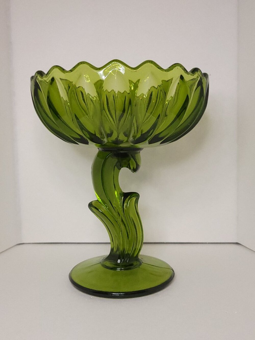 Indiana Glass Lotus Blosson Pedestal Compote Candy Dish in Olive Green